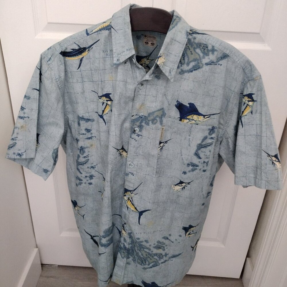 Columbia River Lodge Blue Marlin & Heron Fishing Shirt – Men’s Button-Up – NWOT